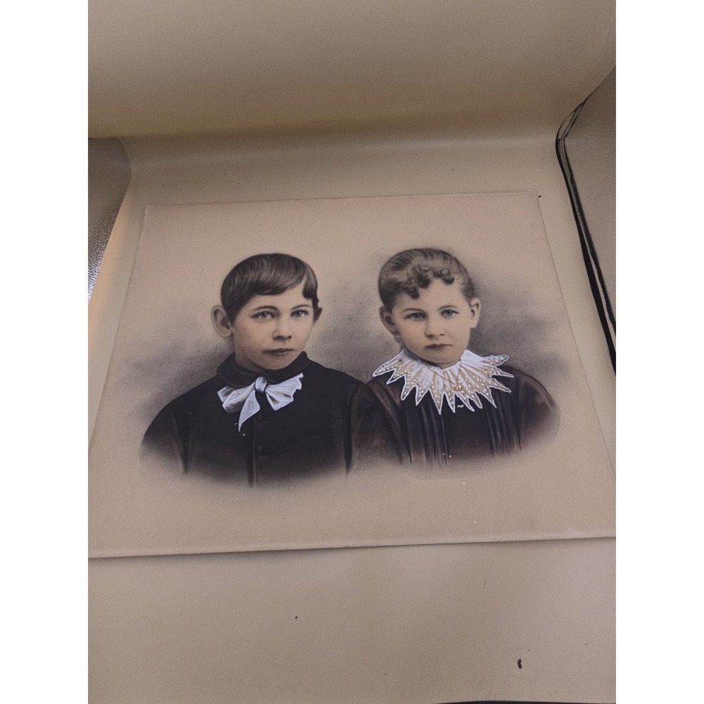 Large Antique Crayon Enlargement Portrait Victorian Young Children Blue Eyes